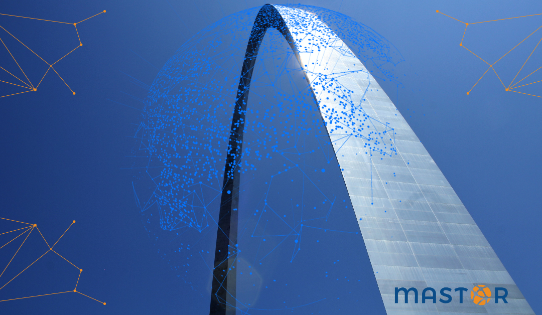 Gateway Arch with a futuristic data connection globe overlay, symbolizing advanced communication technology in St. Louis