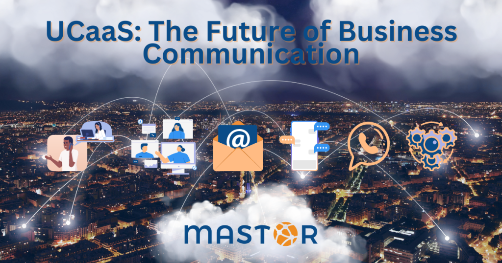 Infographic illustrating various communication tools converging into a unified cloud platform representing UCaaS